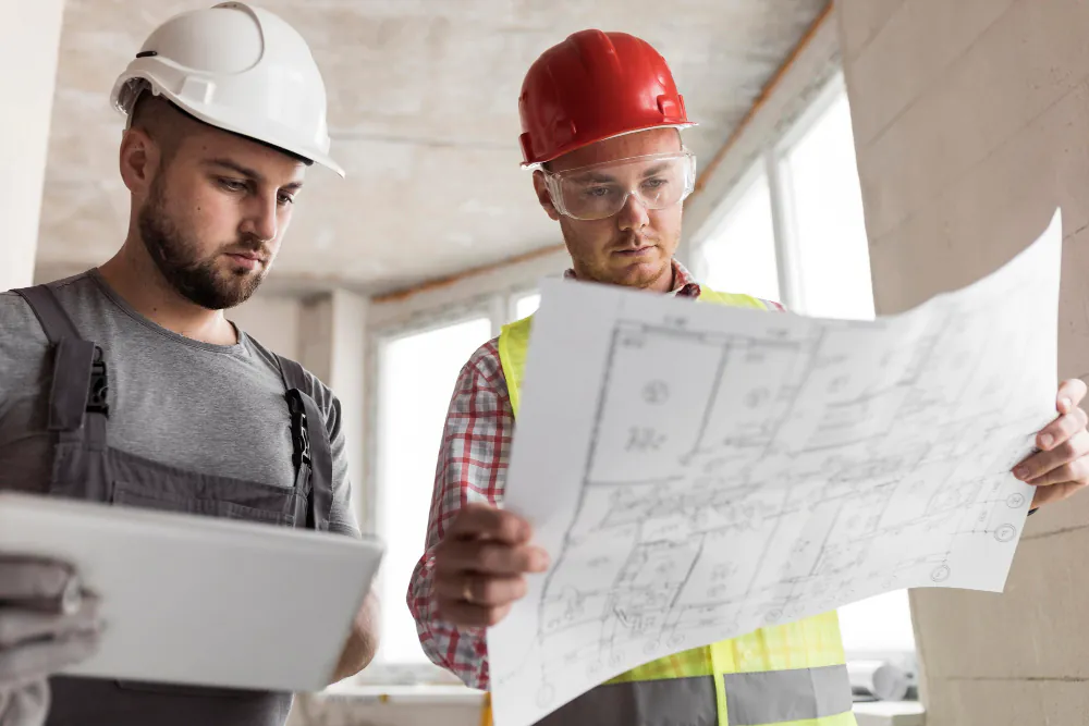 Two builders reviewing a floor plan on site